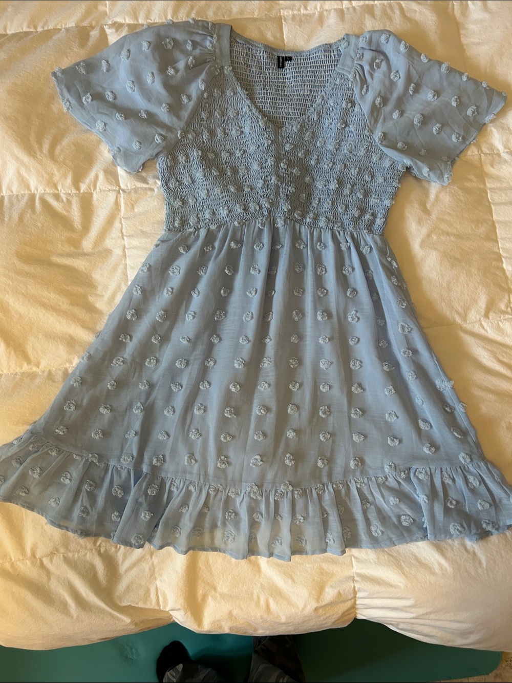 ZATTCAS Light Blue Smocked Short Sleeve Ruffle-Hem Prom Dress